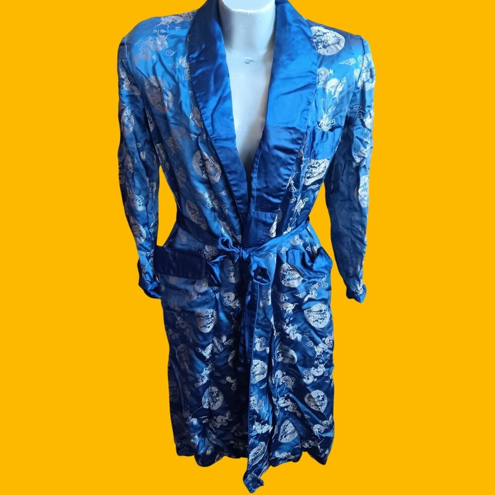 Vintage 42 Large Dragon Satin Kimono Robe Smoking Jacket Solz Squirrel Asian
